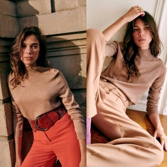 Sezane Jacob Sweater Button Shoulder Merino Wool Camel Size Medium French Knit - Picture 1 of 16